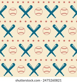 Bat and baseball seamless pattern. Baseball background, backdrop. Wrapping paper, sports textile, fabric, kids wallpaper. Retro yellow-white, red and blue colors