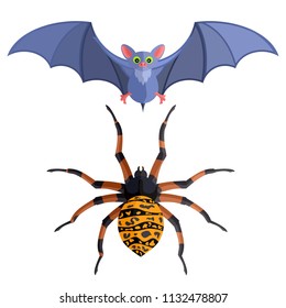 bat and big spider on a white background on halloween