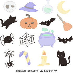 bat black, black cat, boy, broom, candle, candy, cartoon, cat, character, collection, cute, dead, ghost, girl, halloween, hat, hat witch, holiday, illustration, little ghost moon, mummy, night, pot