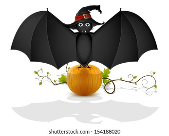 bat in a black hat sitting on top of the orange pumpkin