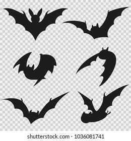 Bat black silhouette of different shapes in flight. Vector flat icons isolated on a transparent background.