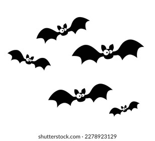 Bat black silhouettes set on white background.