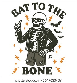 Bat To The Bone - Trending Retro Halloween T-shirt Vector, Spooky Halloween Illustration, Scary Holiday Sayings, Funny Spooky Vibes Design