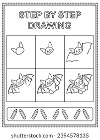 Bat. Book page, drawing step by step. Black and white vector coloring page.