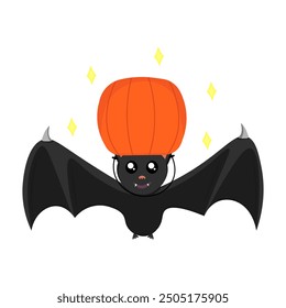 Bat with a bucket in the form of a pumpkin on its head