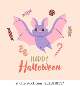 Bat with candies postcard. Cute Halloween card. Animal character.  October holiday postcard.