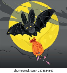 bat and candy, halloween, vector cartoon, cute bat, little vampire