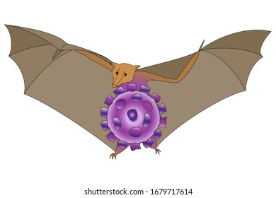 The bat is a carrier of a dangerous virus. Isolated on a white. Vector in a flat style. The bat flies, spreading its wings.