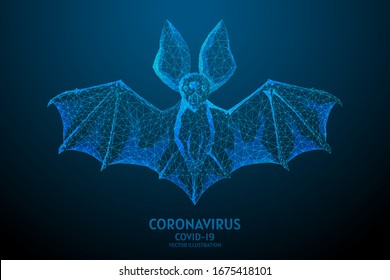 Bat is a carrier and spread of the virus infection of the Chinese coronavirus COVID-19. Carrier of infectious atypical pneumonia. SARS-CoV-2 pandemic. Low poly wireframe isolated vector illustration.