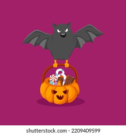 Bat Carrying Candy Pumpkin Character Design Illustration