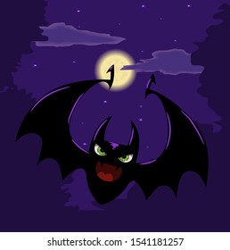 bat, cartoon character, scary animal, halloween, night background, moon, flying monster, vampire