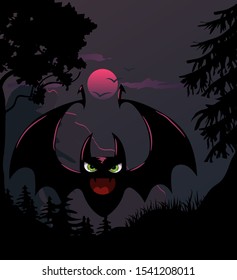 bat, cartoon character, scary animal, halloween, night background, moon, flying monster, vampire
