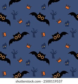 Bat cartoon so cute. On house tree crown background. Hello Halloween.  Pattern seamless vector illustration. 
