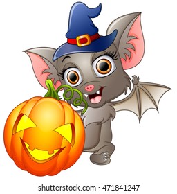 Bat cartoon with a witch hat and pumpkin