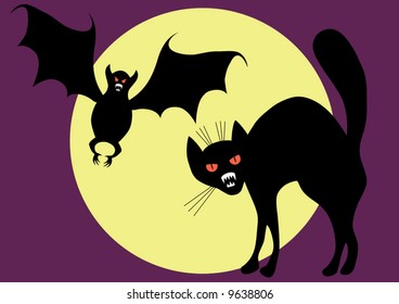 Bat and cat on a background of the moon. A vector illustration.