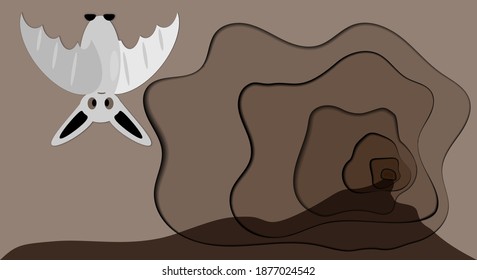 Bat in the cave. Vector illustration. Carotene style