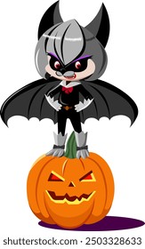 Bat character halloween stands full height full face on pumpkin Vector