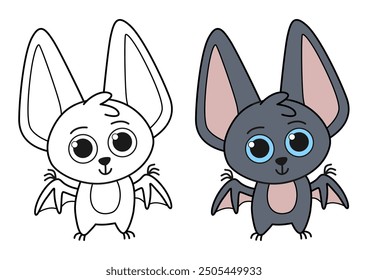 Bat children coloring with a hint. Cute animal coloring, black and white illustration. Stock vector.