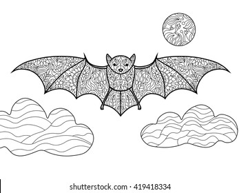 Bat coloring book for adults vector illustration. Black and white lines. Lace pattern
