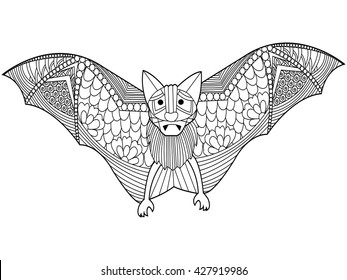 Bat coloring book for adults vector illustration. Anti-stress coloring for adult. Zentangle style. Black and white lines. Lace pattern