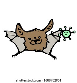 Bat and coronavirus. Vector illustration. Hand drawn. Isolated on a white background.