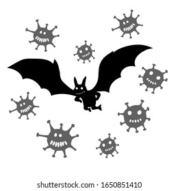 bat and coronavrius COVID-2019 around. Black and white vector illustration