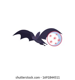 Bat with covid 19 virus flat style icon design of 2019 ncov cov coronavirus infection corona epidemic disease symptoms and medical theme Vector illustration