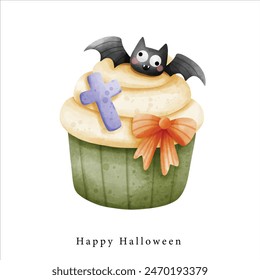 bat cupcake and christian cross with ribbon  illustration horror for Halloween element decoration