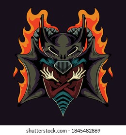 Bat Cyber Theme Design Apparel with Burning Flame Isolated Vector Illustration