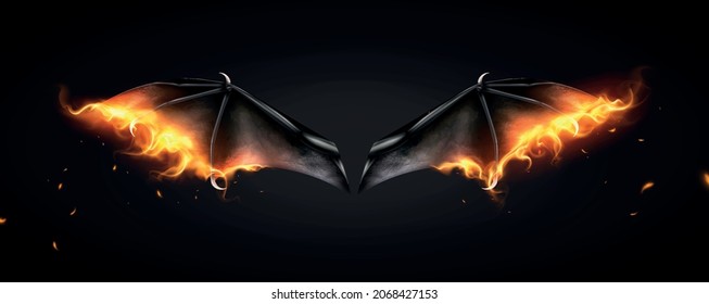 Bat daemon dragon wings fire realistic composition with burning wings and flying particles on black background vector illustration