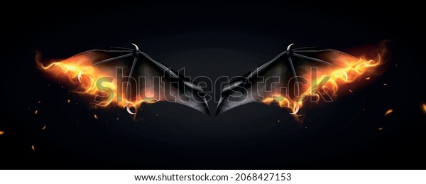 Bat daemon dragon wings fire realistic\
composition with burning wings and flying particles on black\
background vector\
illustration