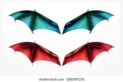 Bat daemon dragon wings realistic set of isolated images with neon colored blue and red wings vector illustration