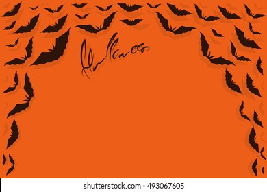 Bat dark. Forms a frame, orange background. Happy halloween. Vector illustration.
