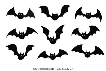 Bat in different positions on white background. Black silhouettes of bats.