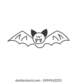 Bat Doodle Illustration. Hand drawn flying animal with fangs. Cartoon style for Horror Halloween Decoration. Isolated vector art