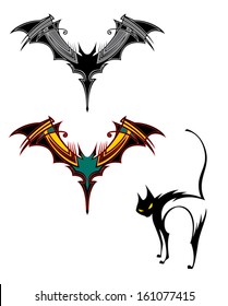 Bat emblem in two color ways and stylized cat.