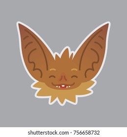 Bat emotional head. Vector illustration of bat-eared brown creature shows emotion. Happy emoji. Smiley icon. Laugh. Halloween decoration, print, chat, communication. Isolated object with sublayer.