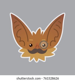 Bat emotional head. Vector illustration of bat-eared brown creature shows intellectual emotion. Mister in monocle with moustache emoji. Smiley icon. Print, chat, communication. Object with sublayer.