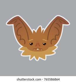 Bat emotional head. Vector illustration of bat-eared brown creature shows Weary emotion. Tired emoji. Smiley icon. Halloween decoration, print, chat, communication. Isolated object with sublayer. Sad.