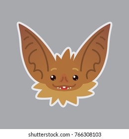 Bat emotional head. Vector illustration of bat-eared brown creature shows Happy emotion. Hope emoji. Smiley icon. Halloween decoration, print, chat, communication. Isolated object, sublayer. Dreamer.