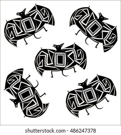 Bat. Ethnic patterns of Native Americans: the Aztec, Inca, Maya (Mexico, Ecuador, Peru). Drawing in the Mexican style. Spider, vulture. Vector illustration.