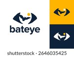 bat eye moon logo. Flying Bat Animal Logo Design with human eye and yellow moon vector illustration.