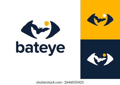 logotipo de bat eye moon. Design de logotipo de animal de morcego voador com olho humano e ilustração de vetor lua amarela.