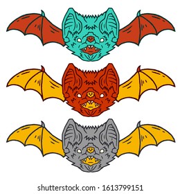 Bat Face Set. Bat Face Set Cartoon Style. Occultism. Esoteric Sign Alchemy. Occult Bat Face Set on white background isolated. Stock Vector Illustration. Cartoon style.