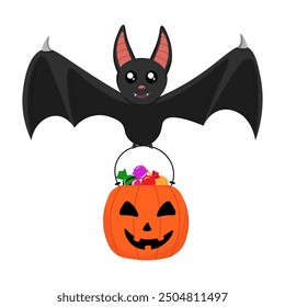 A bat and a festive basket full of sweets (bag, cauldron, pumpkin)