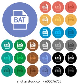 BAT file format multi colored flat icons on round backgrounds. Included white, light and dark icon variations for hover and active status effects, and bonus shades on black backgounds.