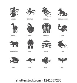 Bat, Fish, Elephant, Monkey, Camel, Rhinoceros, Medusa icon 16 set EPS 10 vector format. Icons optimized for both large and small resolutions.