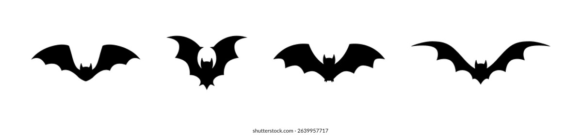 Bat flat cartoon style silhouette black icon set