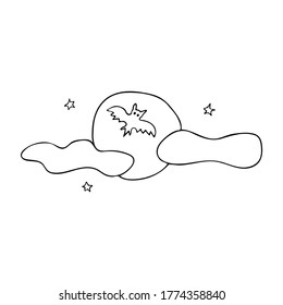A bat flies against the backdrop of a full moon among stars and clouds at night. Doodle style. Black and white vector illustration. Nocturnal animal. Halloween
