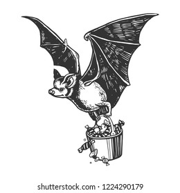 Bat flies with bucket of candy engraving vector illustration. Scratch board style imitation. Black and white hand drawn image.